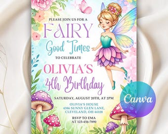 Peut inclure: Une invitation fantaisiste pour le 4e anniversaire d'Olivia. Le design présente une illustration de fée avec un haut turquoise et une jupe violette superposée, entourée de fleurs et de champignons. Le texte dit "Fairy Good Times" et inclut les détails de la fête.