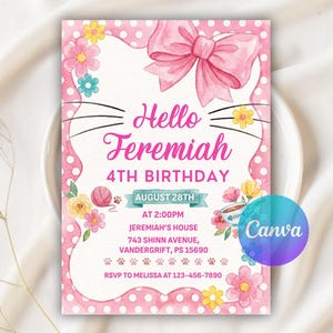 Peut inclure: Une carte d'invitation d'anniversaire rectangulaire avec une bordure à pois roses, un grand nœud rose et des moustaches de chat. Le texte indique Hello Jeremiah 4TH BIRTHDAY AUGUST 28TH AT 2:00PM JEREMIAH'S HOUSE 743 SHINN AVENUE, VANDERGRIFT, PS 15690.