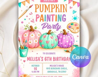 Invitación para fiesta de pintura de calabazas, invitación para fiesta de pintura de calabazas de Halloween, pintura artística de calabazas, descarga digital, plantilla editable de Canva