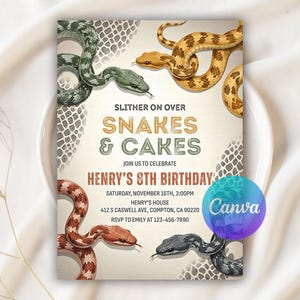 May include: A birthday invitation card featuring four snakes in green, yellow, red, and black, with text reading: SLITHER ON OVER SNAKES & CAKES JOIN US TO CELEBRATE HENRY'S 8TH BIRTHDAY SATURDAY, NOVEMBER 16TH, 3:00PM HENRY'S HOUSE 412 S CASWELL AVE, COMPTON, CA 90220