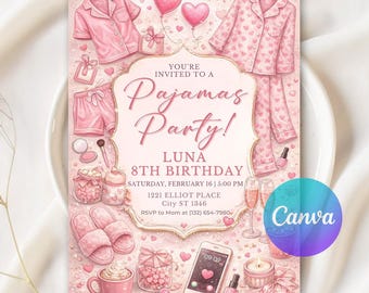 Invitación a pijamada rosa, invitación a pijamada, invitación a fiesta de pijamas, invitación a fiesta de pijamas para niña, plantilla editable de Canva