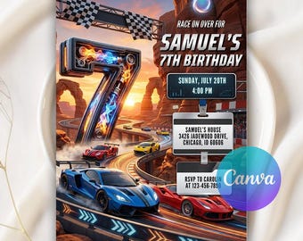 Invitación de cumpleaños número 7 con temática de autos de carreras, invitación de cumpleaños número 7 para niños, fiesta de autos de carreras, fiesta de autos de carreras, invitación de autos deportivos de carreras, plantilla editable de Canva