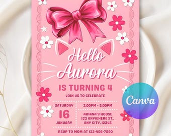 Invitación de cumpleaños de Kitty, temática de fiesta rosa, plantilla editable de Canva (descarga digital)
