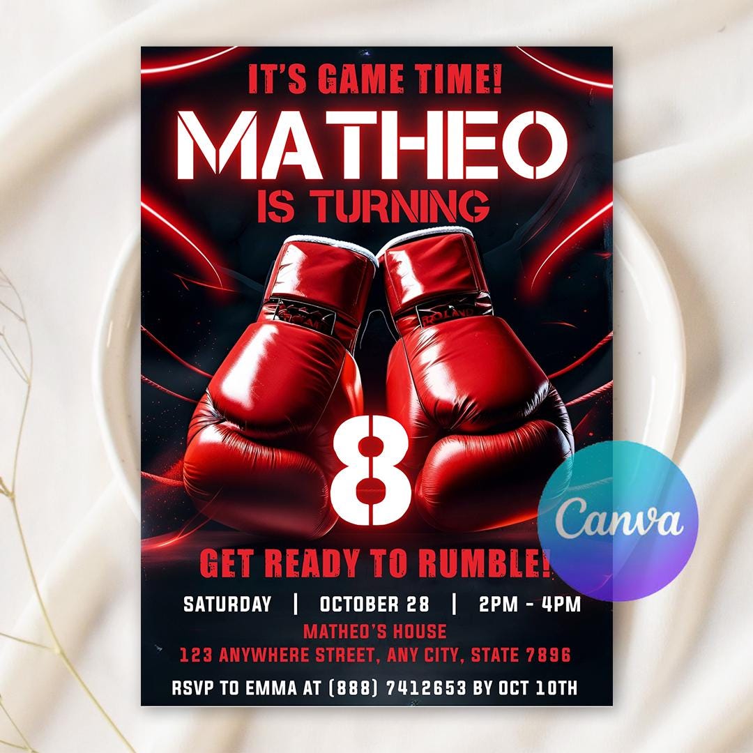 Boxing Training Invitations Boxing Birthday Invitation, Rumble Party, Sports Theme Invite, Editable ...