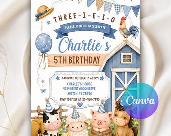 Invitación de cumpleaños con temática de granja, invitación de cumpleaños número 3, fiesta de cumpleaños con animales de granja, invitación con animales de establo, plantilla editable de Canva