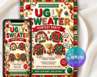 Invitación a concurso de suéteres navideños feos, invitación a fiesta de suéteres feos, invitación a suéter navideño, fiesta navideña, plantilla editable de Canva