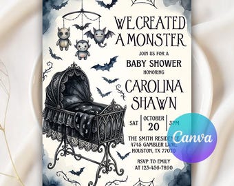 Wir haben eine Einladung zur Monster-Babyparty im Gothic-Stil erstellt: „Ein kleines Monster ist unterwegs“ – eine bearbeitbare Canva-Vorlage.