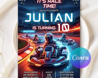 Invitación de cumpleaños de karts, fiesta de karts, invitación de karts, cumpleaños de karts, invitación de carreras de karts, descarga instantánea, Canva editable