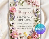 Let’s Brunch Invitation, Wildflower Birthday Brunch Invitation, Floral Girls Party Digital Invite, Digital Download, Editable Canva Template