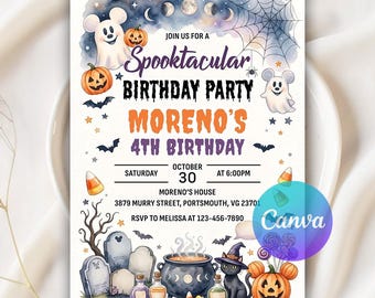 Invitación de cumpleaños de Halloween de Mickey Mouse, Invitación de cumpleaños de Halloween de Mickey espeluznante, Mickey Mouse truco o trato, Plantilla editable de Canva