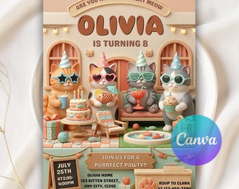 Invitación de cumpleaños de gato, invitación con temática de gatito, ¿Me estás tomando el pelo ahora mismo?, invitación de cumpleaños para mascotas, plantilla editable de Canva