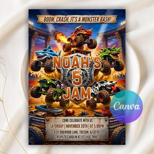 Könnte beinhalten: Eine farbenfrohe Einladung zu einer Geburtstagsparty mit Monster-Truck-Motto. Das Design zeigt mehrere Monster Trucks mit verschiedenen Designs, den Text "NOAH'S 5 JAM" und die Veranstaltungsdetails. Die Einladung enthält den Text "BOOM, CRASH, IT'S A MONSTER BASH!"
