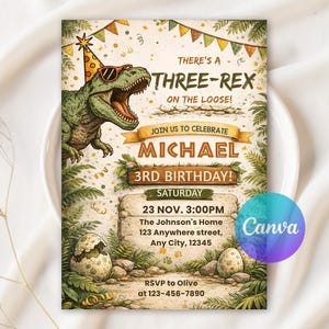 May include: A birthday invitation with a dinosaur theme. The invitation features a green Tyrannosaurus Rex wearing sunglasses and a party hat. Text includes "There's a Three-Rex on the Loose!" and details for Michael's 3rd birthday.