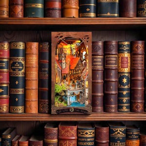May include: A wooden, illuminated diorama of a fantasy town scene, nestled among antique books on a wooden shelf. The diorama features a bridge, buildings, and a waterfall. The text "THE LORD OF THE RINGS" is visible on the diorama.