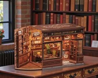 May include: A detailed miniature model of a corner coffee shop and bookstore. The model features a brown exterior with the text "Corner Coffee Shop". The interior is lit, showcasing bookshelves, tables, and decorative items. The model is displayed on a wooden table.