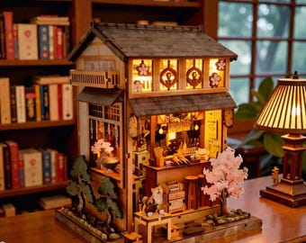 DIY Japanse Izakaya-boekenhoekset, 3D houten puzzel boekenplankinzet met led-verlichting, miniatuur straatbeeld, ambachtelijk cadeau