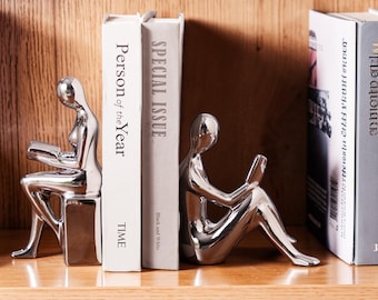 Modern Abstract Bookends Set of 2 Metal Reading Figure Sculpture | Bookshelf Decor Office Desk Study Room Ornament | Gift, Collectible Art