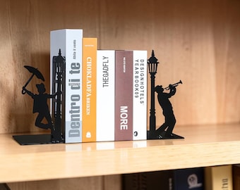 Metalen boekensteunen vintage straatbeeld silhouet | Muzikant kunst aan de muur | Industriële boekenhouder, cadeau voor lezers, verzamelaccent