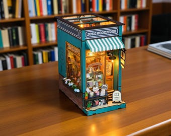 Soul Bookstore boekenhoekset – DIY miniatuurboekwinkel met led-verlichting, 3D houten puzzel boekenplankinzetstuk, literair decorcadeau