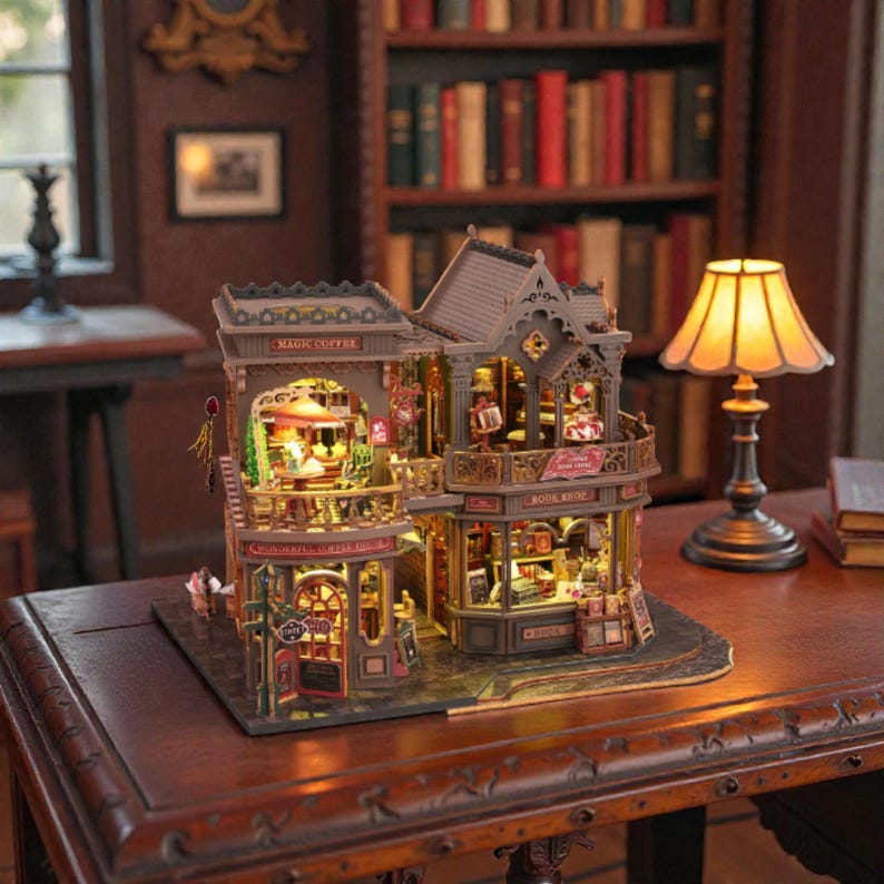 Pu&ograve; includere: Modello in miniatura dettagliato di un edificio a due piani con una caffetteria e una libreria. Il modello &egrave; marrone e grigio con intricati dettagli architettonici, illuminato dall'interno. Le parole "MAGIC COFFEE" e "BOOK SHOP" sono visibili. Una piccola lampada &egrave; vicina.