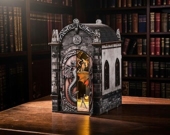 DIY Dragon Treasure Book Nook Kit with LED Light, Fantasy Library Bookshelf Insert, 3D Wooden Puzzle Diorama, Medieval Dungeon Decor Gift