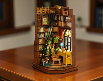 Gezellige bibliotheek, studieboekhoekje – doe-het-zelf 3D houten puzzel boekenplankinzet met led-verlichting, miniatuur leeszaal dioramadecor