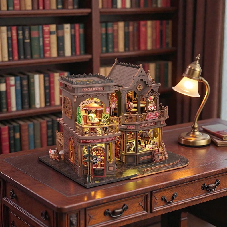 Pu&ograve; includere: Un modello in miniatura dettagliato di una caffetteria e libreria, con una calda illuminazione interna. Il modello presenta intricati dettagli architettonici, tra cui balconi e insegne che recitano "Magic Coffee" e "Book Shop". Il modello &egrave; su una scrivania di legno con una lampada in ottone.