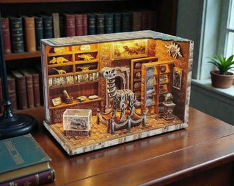 Dinosaur Museum Book Nook Kit, DIY Miniature Fossil Room with LED Lights, Handmade Wooden Bookshelf Insert Decor for History Lovers