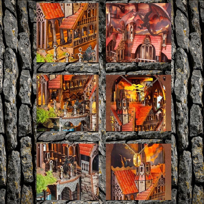 May include: A collection of intricately detailed, miniature fantasy scenes. Each scene features buildings with orange rooftops, arched windows, and figures. One scene includes a dragon silhouette. The overall color palette is warm, with shades of orange, brown, and gold.