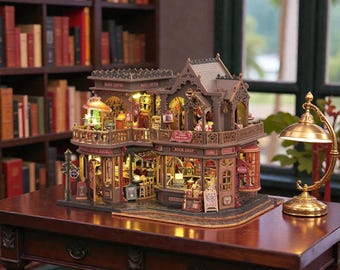 DIY boekenhoekset – miniatuur magische coffeeshop en hoekboekwinkel diorama, 3D houten puzzelpoppenhuis, led-boekenplankdecoratie
