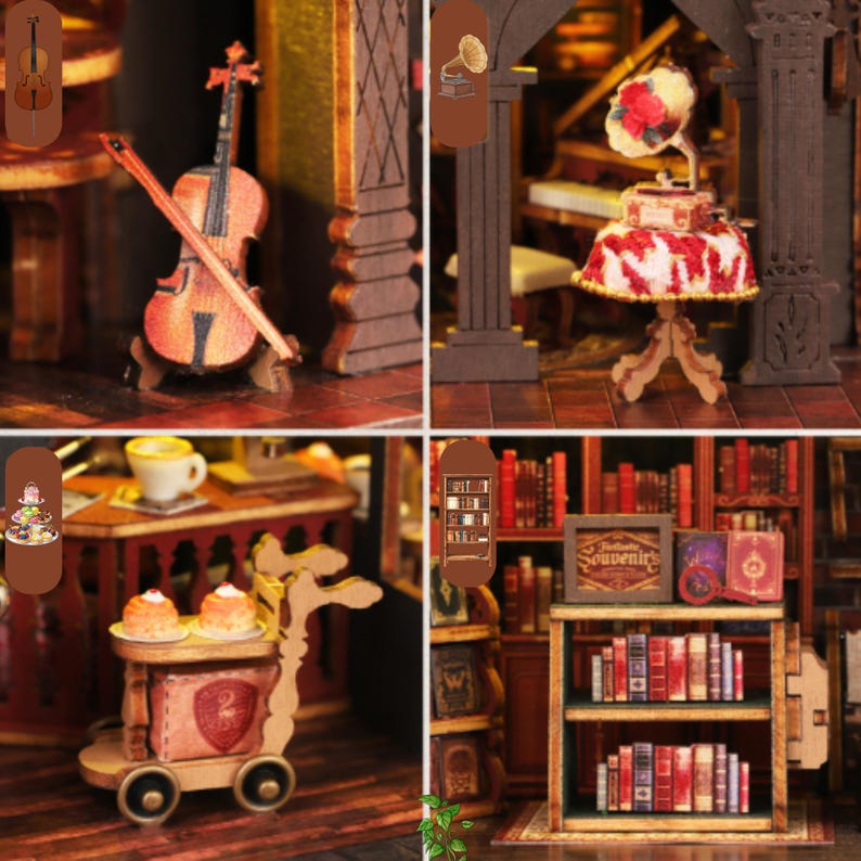 Pu&ograve; includere: Scena di casa delle bambole in miniatura in legno con un violino, un grammofono, una libreria e un carrello di servizio. La scena comprende piccoli mobili ed elementi decorativi, creando un'estetica vintage e accogliente.