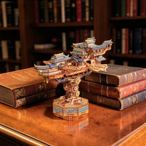 Könnte beinhalten: Ein Holzmodell eines traditionellen asiatischen Gebäudes mit blauen und goldenen Akzenten. Das Modell steht auf einem Holzsockel mit filigranen Zahnrad Details. Im Hintergrund ein Bücherregal und antike Bücher.