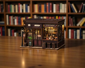 Cosy Tavern Book Nook Kit – DIY miniatuur pubscène met led-verlichting, houten fantasie boekenplank invoegen, woondecoratie cadeau