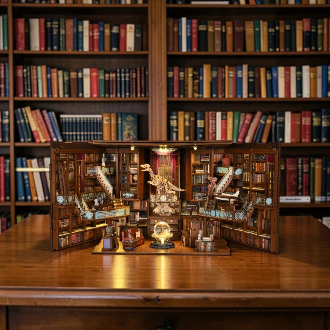 3D Wooden Library Book Nook Kit With Dust Cover & LED Light | DIY ...