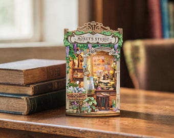 Kit de rincón de lectura para estudio de arte impresionista, inserto de biblioteca en miniatura DIY con luz LED, estantería de madera, decoración de taller de artista, regalo