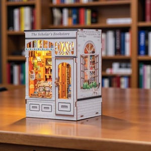 May include: A detailed miniature model of "The Scholar's Bookstore", illuminated from within. The model has a white facade with brick detailing, a front door, and a window. The interior is lit, revealing miniature books and decorative elements. The sign above reads "The Scholar's Bookstore".