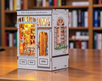 The Whispering Pages Book Nook – Scholar’s Bookstore DIY 3D Wooden Puzzle Miniature Bookshelf Insert with LED Light