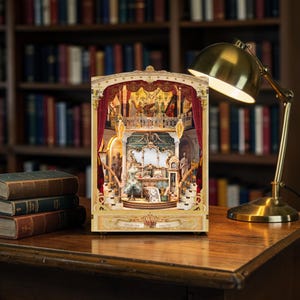 May include: A detailed miniature theater diorama with a stage, orchestra pit, and audience seating. The diorama features red curtains, ornate gold trim, and miniature figures. The base of the diorama has the text "Neverland Theatre".