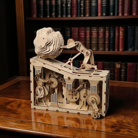 A buildable wooden automaton that actually moves — kinetic mechanical art you assemble yourself, then display as a living desk sculpture.