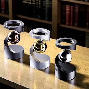 May include: Three kinetic desk sculptures featuring a metallic sphere suspended within a curved, spiral-shaped stand. The spheres are finished in copper, gold, and silver tones, while the stands are matte gray, silver, and black metal.