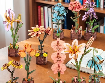 Kit DIY Puzzle 3D avec fleurs en bois | Modèle de plante tournesol rose lys | Artisanat en bois découpé au laser | Cadeau déco de bureau | Casse-tête botanique