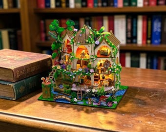 Houten boshuisje poppenhuiskit DIY miniatuurhuis met meubels, fantasiekasteeldecorcadeau, verzamelbaar mini-huismodel