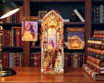 DIY boekenhoekset – Beast & Beauty miniatuur boekenplankinzet | Romantische 3D-dioramascène | Houten knutseldecor cadeau