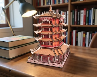 DIY Chinese pagode 3D houten puzzel boekenhoek kit – LED verlichte boekenplank inzetstuk, lasergesneden miniatuur architectuur model decor cadeau