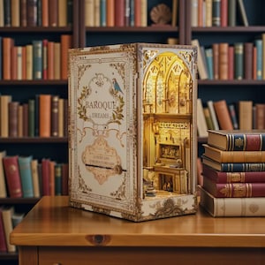 May include: A decorative book-shaped miniature diorama with the text "Baroque Dreams." The diorama features a detailed interior scene with warm lighting, resembling a classical building. The book's cover is cream-colored with gold accents and a blue bird illustration.