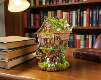 Rowan’s Treehouse Book Nook DIY Kit – Fairy Miniature Diorama with LED Light, Fantasy Bookshelf Insert Decor Gift