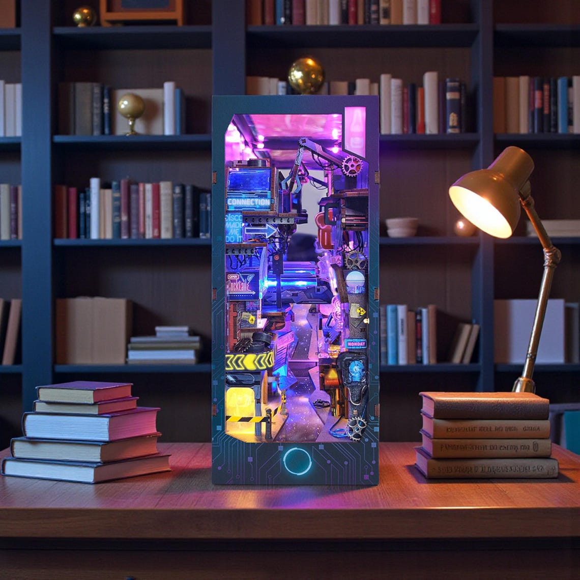 Cyberpunk Book Nook Kit – DIY 3D-Holzpuzzle Mit LED-Deko, Futuristisches Puppenhaus Für Teenager & Erwachsene (Planetary Era)