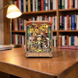 May include: A detailed, multi-layered wooden puppet theater with a Pinocchio figure at the center. The theater features intricate cutouts, colorful accents, and the text "Wonderful stories" and "Puppet Theater". The background includes a bookshelf.