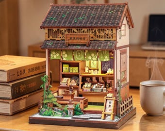 Bokhörnskit för japansk godisaffär | Kurihara desserttehus DIY-miniatyr med LED | Bokhyllinsats i trä, diorama, dekoration, present
