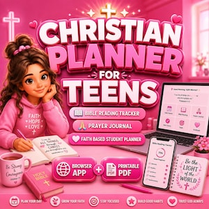 May include: A digital and physical Christian planner for teens featuring a pink theme, a cartoon character writing in a notebook, a laptop, a smartphone displaying a Bible reading tracker, a Holy Bible, and a mug with the text Be Strong and Courageous.